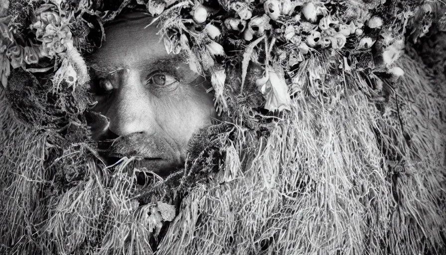 Image similar to portrait of a tyrolean folklore mask, dolomite, forest, wearing hay coat, with horns, eerie, flowers growing out of his body, detailed intricate insanely detailed octane render, 8k artistic 1920s photography, black and white, grainy, photorealistic, chiaroscuro, by David Cronenberg, Raphael, Caravaggio