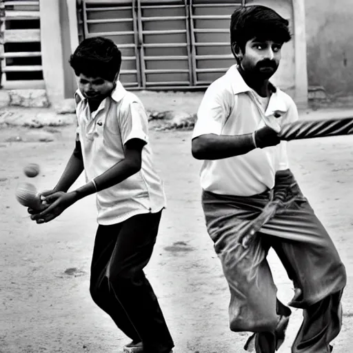 Image similar to four tamil friends playing a game of cricket, on an indian street, award winning image, national geographic, dslr image, black and white