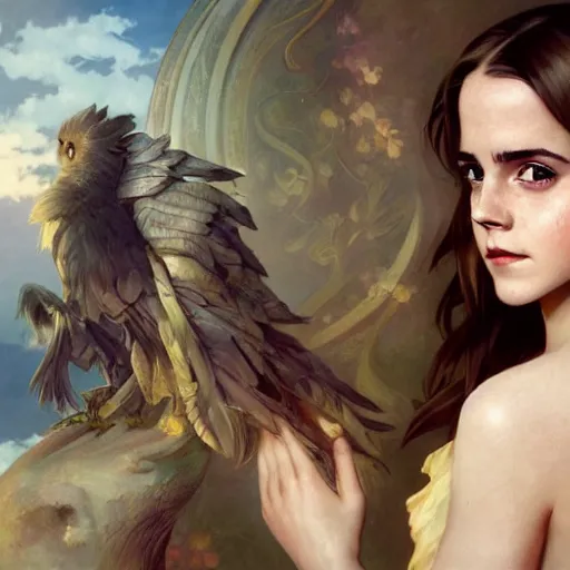 Image similar to emma watson, 8 k, depth of field, 3 d, art by artgerm and greg rutkowski and alphonse mucha and uang guangjian and gil elvgren and sachin ten