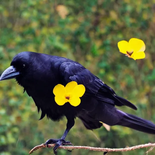 Image similar to crow made of black flower petals, many black petals growing out of the crow's back,