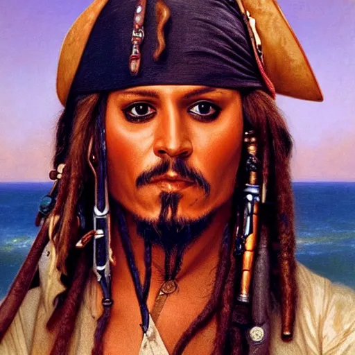 Image similar to Painting of Jack Sparrow. Art by William Adolphe Bouguereau. During golden hour. Extremely detailed. Beautiful. 4K. Award winning.