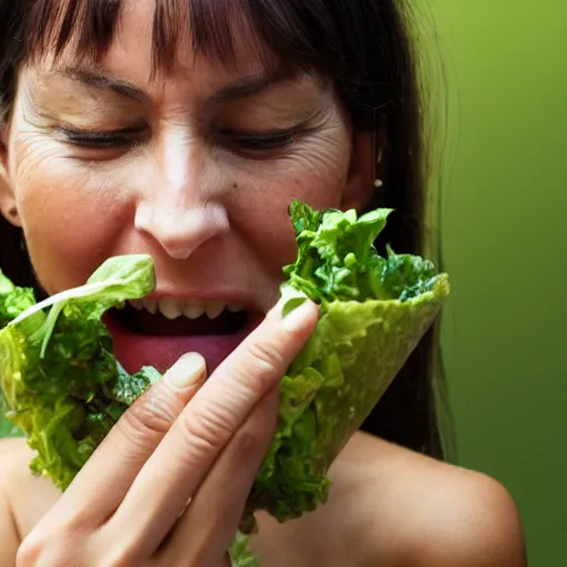 Image similar to a woman eating a salad made entirely of insects. close up photograph.