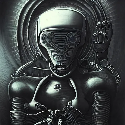 Prompt: a robot by H.R. Giger, concert poster, cgsociety, poster art, concept art, cosmic horror, Heteromorphic, Alien, Tentacles, dark, 8k resolution, trending on artstation