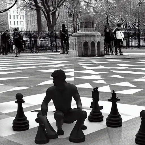 Prompt: greek god playing chess in washington square park, new york city, photorealistic, highly detailed