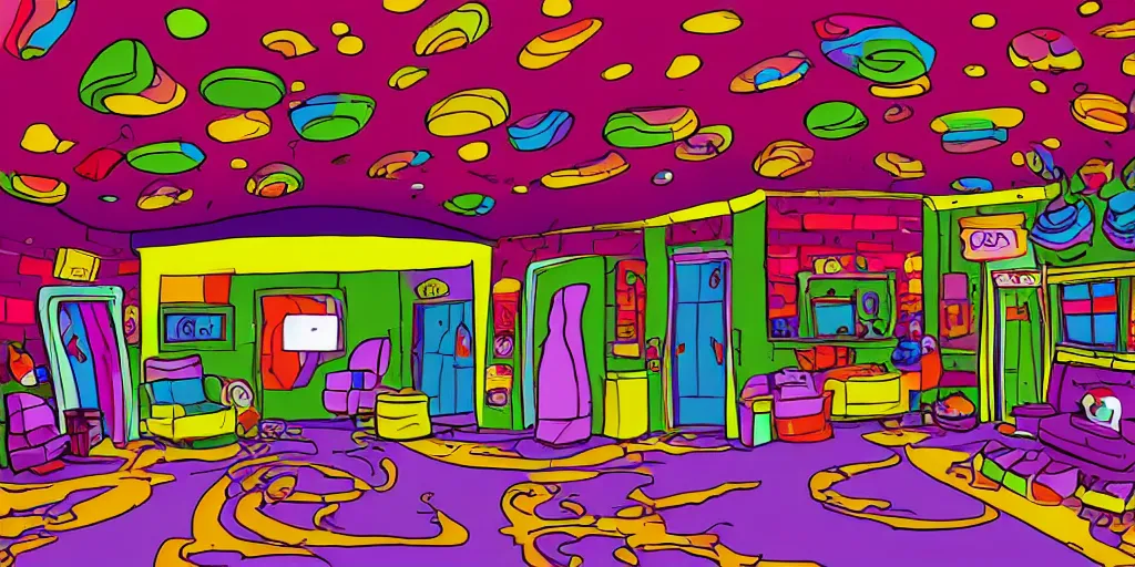 Image similar to a dimly lit, colorful, theater dressing room, made of candy, day of the tentacle style, drawn by Peter Chan