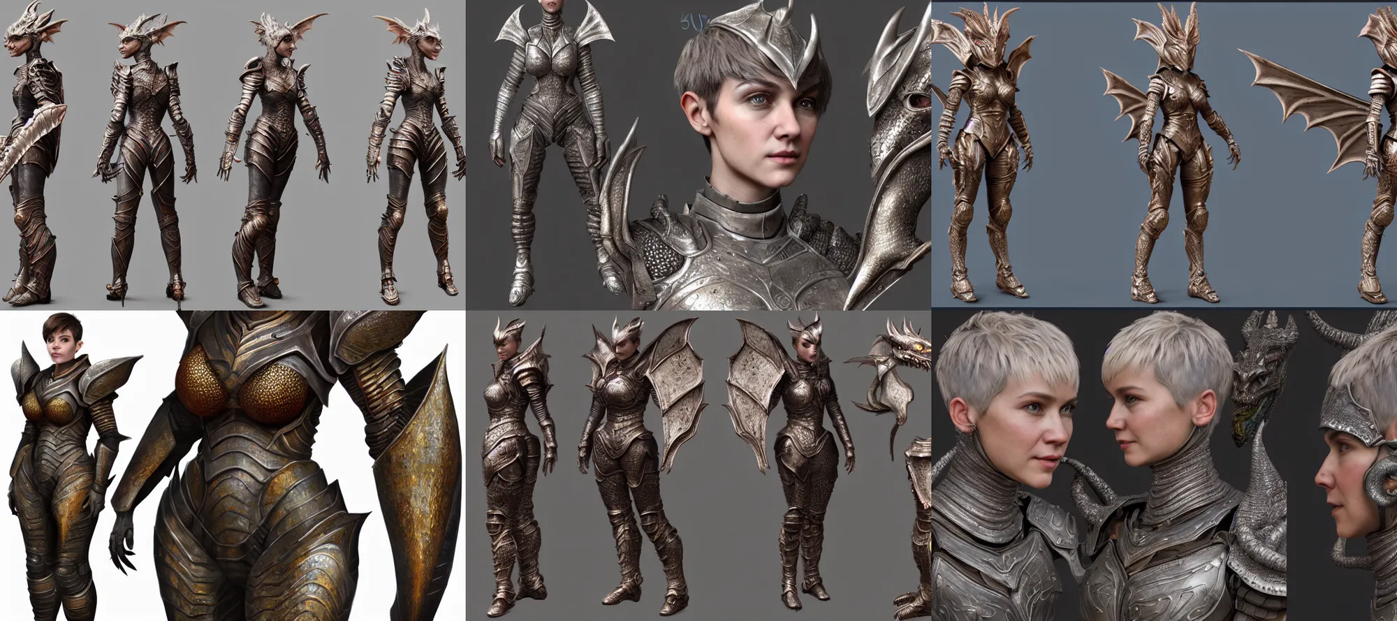 Prompt: hyper detailed substance painted 3 d full body turnaround character portrait of a woman with a pixie cut and dragon inspired armor with a realistically proportioned face, photorealistic eyes, good value control, smooth, realistic shading, realistic face details, painted texture maps, good colors, illustration, substance painter, ultra realistic, very highly detailed, segmented armor