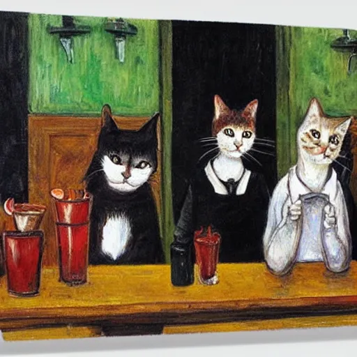 Image similar to three cats drinking in a bar, Munch