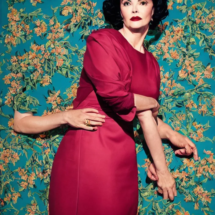 Prompt: a portrait of sherilyn fenn, dramatic, fantastic, dreamy, by kehinde wiley, by gillian wearing