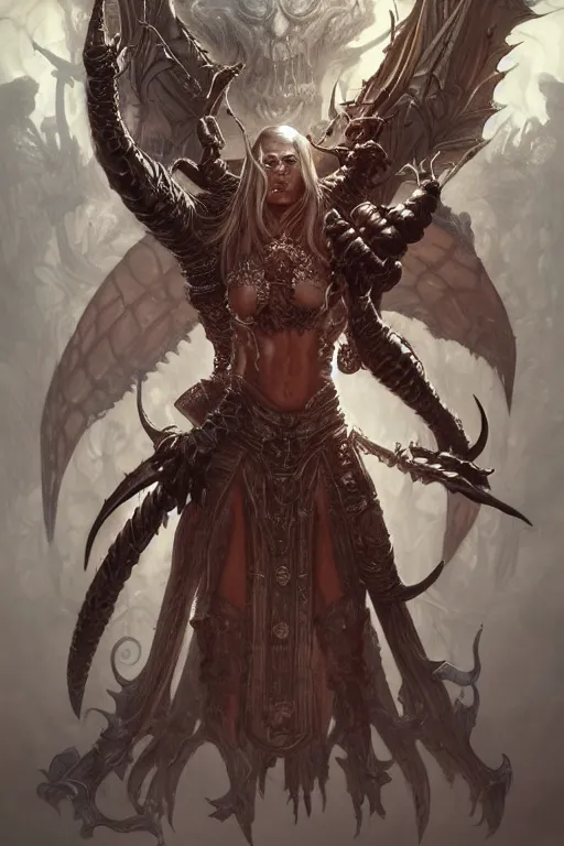 Image similar to ultra realistic illustration, asmodeus from diablo and baldurs gate, intricate, elegant, highly detailed, digital painting, artstation, concept art, smooth, sharp focus, illustration, art by artgerm and greg rutkowski and alphonse mucha