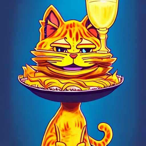 Prompt: fullbody!! personification of garfield the cat as a goddess holding a blood chalice and lasagna, detailed, stunning, cat face, hyperrealistic, trending on artstation, smooth and sharp, intricate, fine details, highly detailed, elegant, angular, altermodern, radiant light, detailed and intricate environment, professional character concept art by tatyana kupriyanova