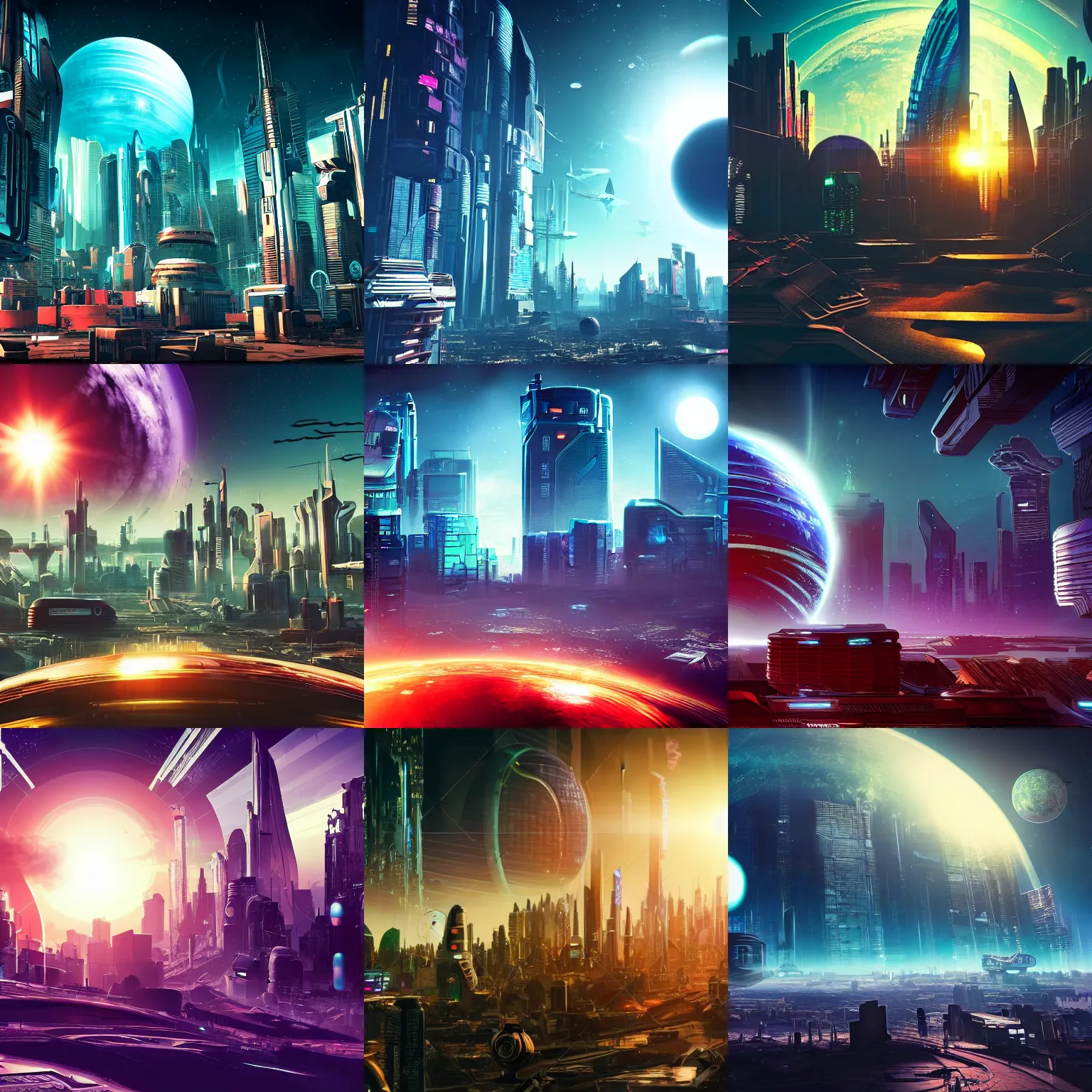 Prompt: cyberpunk city in space with a planet on background, dramatic lighting, sun on the backround