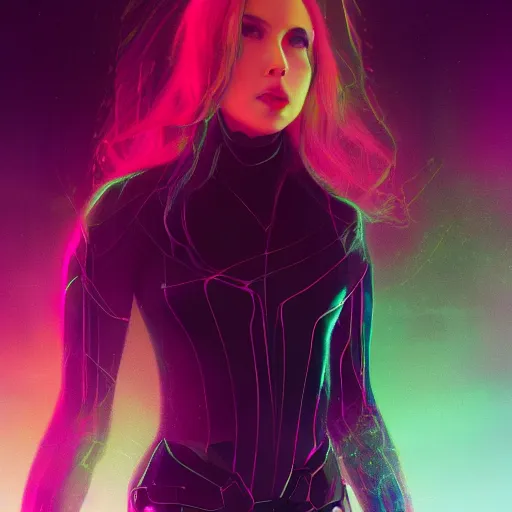 Image similar to long Shot of psychedelic Black widow standing in mysterious chromatic astral temple , stylish, lsd, soft, artstation, cinematic, artwork by WLOP