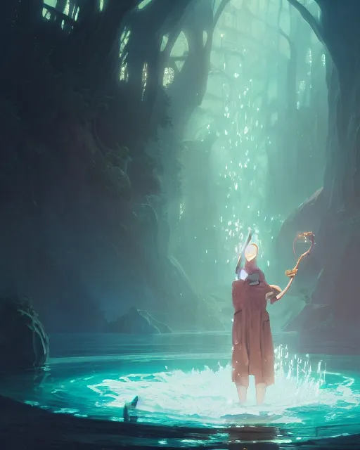 Image similar to highly detailed vfx portrait of a mage casting a water spell, unreal engine, greg rutkowski, loish, rhads, beeple, makoto shinkai and lois van baarle, ilya kuvshinov, rossdraws, tom bagshaw, alphonse mucha, global illumination, detailed and intricate environment