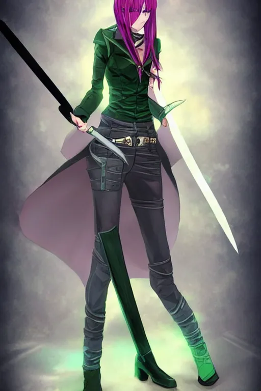 Prompt: name : rose gender : female race : human clothes : jeans and a black shirt weapon : sword special power : healing eye color : green hair color & style : short, spiky body type : slender.