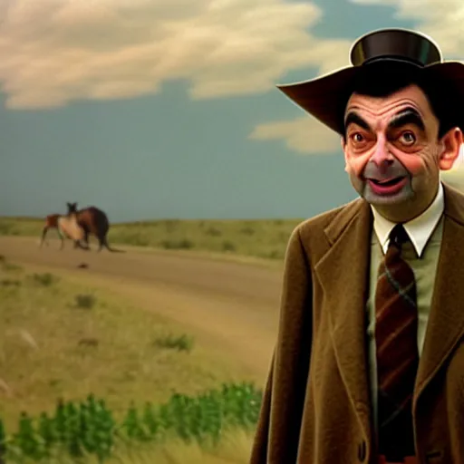 Image similar to mr. bean as the towns drunk from any western movie. movie still. cinematic lighting.