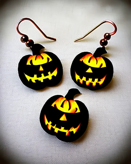 Prompt: spooky cartoon jack'o'lantern, 2 d lasercut earrings, in the style of tim burton