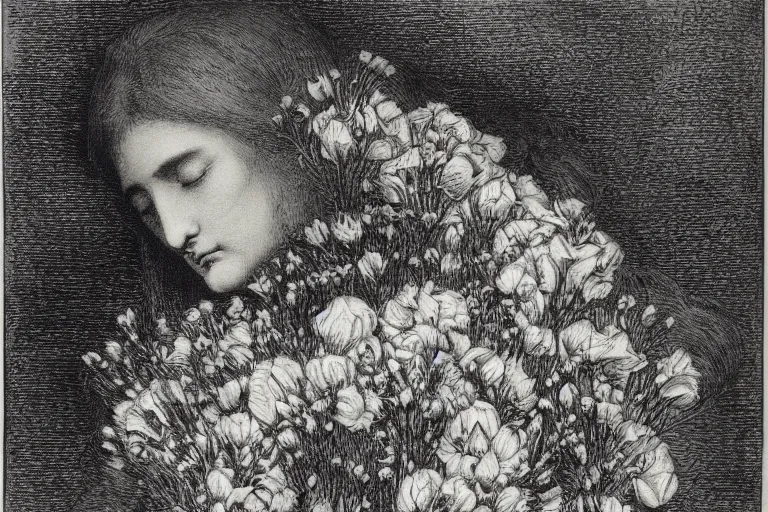 Image similar to black and white, close-up face of crying saint woman covered in flowers, Gustave Dore lithography