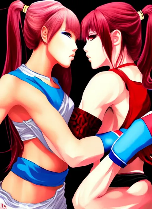 Prompt: two beautiful female fighters standing face to face, dim lighting, gorgeous features, smooth, detailed anime art