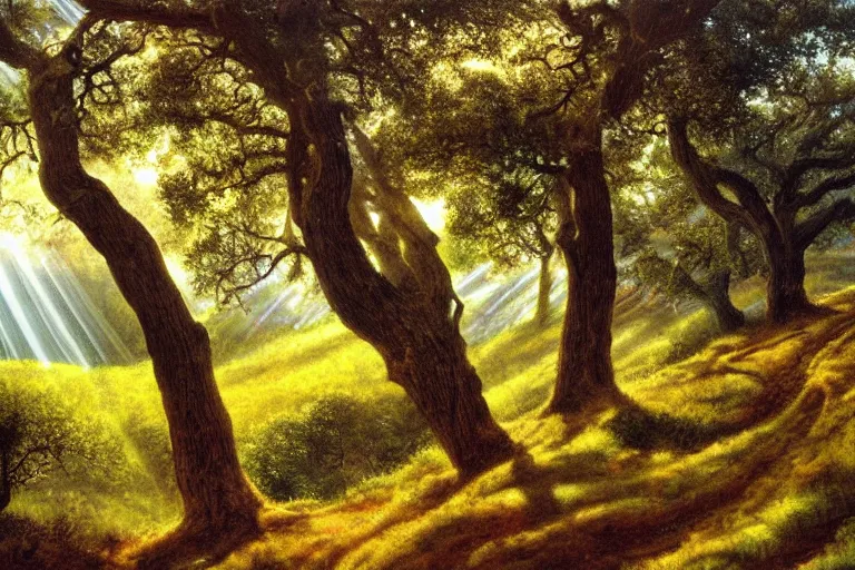 Prompt: masterpiece painting of oak trees on a hillside overlooking a creek, dramatic lighting with god rays, by marc davis