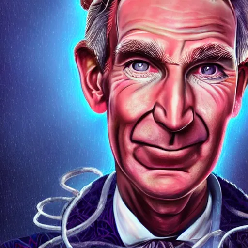 Image similar to portrait of bill nye with dreadlocks, cyberpunk setting, futuristic, highly detailed, intricate lighting, digital painting, sharp focus, illustration, trending on artstation, art by magali villenueve