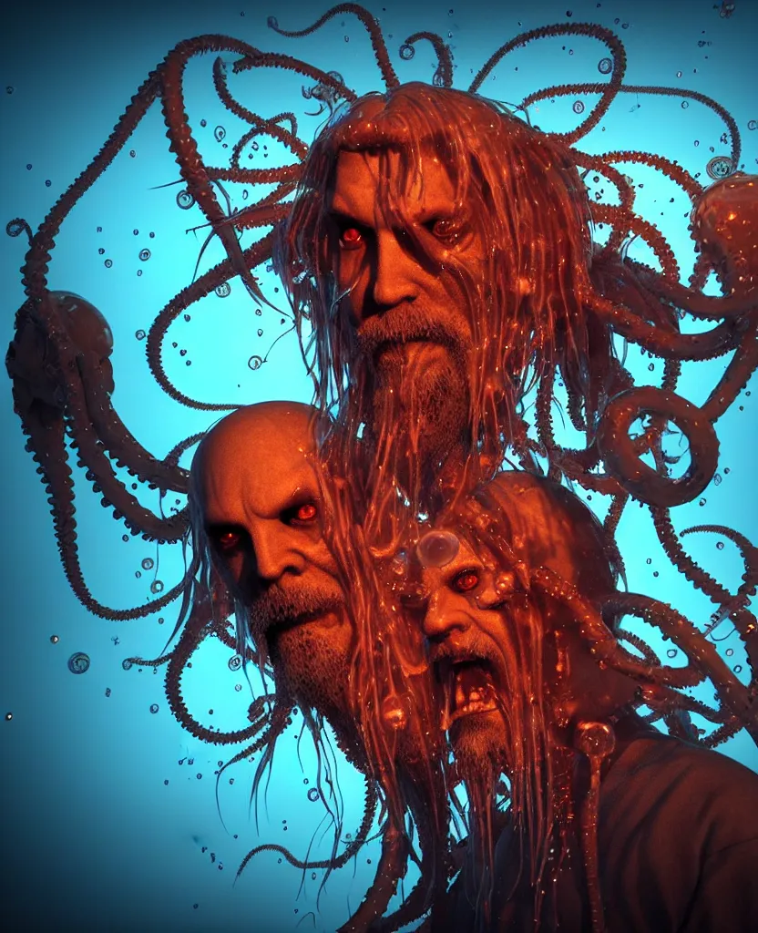 Image similar to Rob Zombie and Captain Spalding (The Devils Rejects), epic angle and pose, symmetrical artwork, 3d with depth of field, blurred background, cybernetic jellyfish female face skull phoenix bird, translucent, nautilus, energy flows of water and fire. a highly detailed epic cinematic concept art CG render. made in Maya, Blender and Photoshop, octane render, excellent composition, cinematic dystopian brutalist atmosphere, dynamic dramatic cinematic lighting, aesthetic, very inspirational, arthouse. y Greg Rutkowski, Ilya Kuvshinov, WLOP, Stanley Artgerm Lau, Ruan Jia and Fenghua Zhong