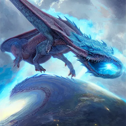Image similar to Gigantic blue scaled dragon devouring an earth like planet while flying in space, European four-legged dragon, sun system, nebula, oil painting, by Fernanda Suarez and Edgar Maxence and Greg Rutkowski