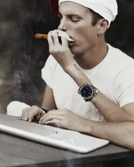 Prompt: a color photo of a young white man smoking a cigar on the mouth writing on the laptop while sitting on a chair, he has headphones, red bandana, wears a watch,