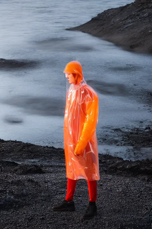 Image similar to an ultra high definition professional high fashion portrait studio full length photograph of a male model wearing a transparent pearlescent raincoat and neon visor planking in an icelandic black rock environment at dawn. no artefacts. extremely detailed. stark. refraction. shallow depth of field. volumetric light and shadow. ray tracing. light rays.