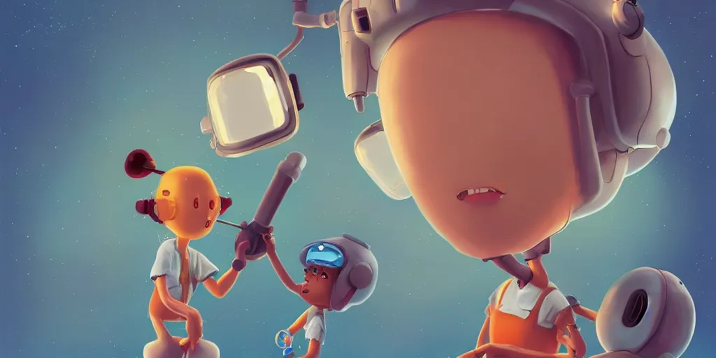 Image similar to cute dentist cartoon tan girl with in space by goro fujita and simon stalenhag and wes anderson and alex andreev, 8 k, trending on artstation, hyper detailed, cinematic