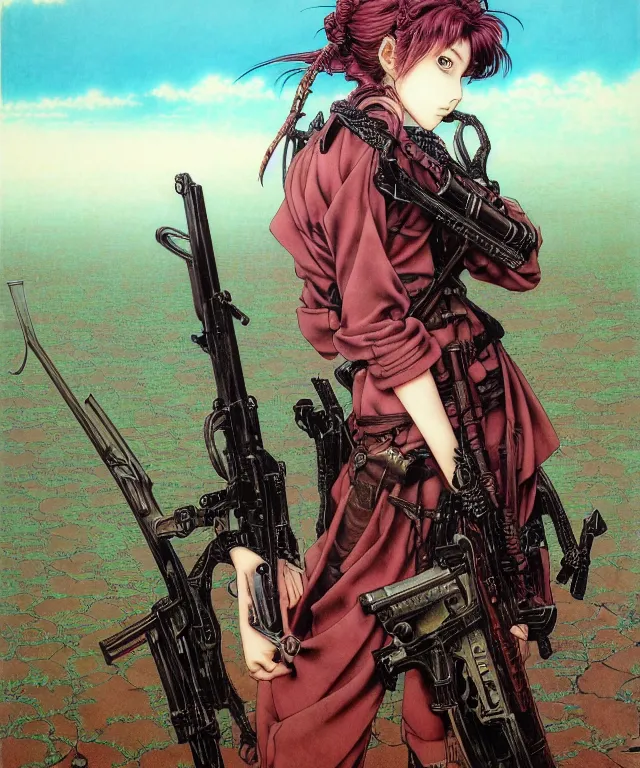 Prompt: realistic detailed image of a soviiet school-girl with a Turquoise hair holding a rifle in hands,anime art, anime key visual by Ayami Kojima, Amano, Karol Bak, Greg Hildebrandt, and Mark Brooks, Neo-Gothic, gothic, rich deep colors. art by Takato Yamamoto. masterpiece. Beksinski painting. still from 1993 movie by Terrence Malick and Gaspar Noe