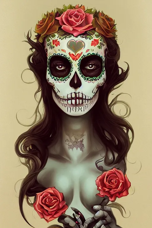 Prompt: Illustration of a sugar skull day of the dead girl, art by peter mohrbacher