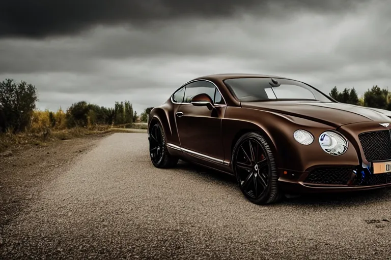 Image similar to modern rusty matte tired Bentley Continental GT without gloss no reflections drives along the road of an old Russian village with houses at the edges