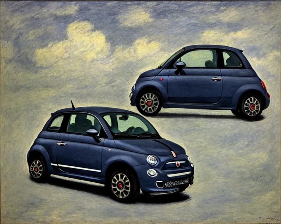 Prompt: achingly beautiful painting of a dark grey 2 0 1 3 fiat 5 0 0 abarth by rene magritte, monet, and turner.