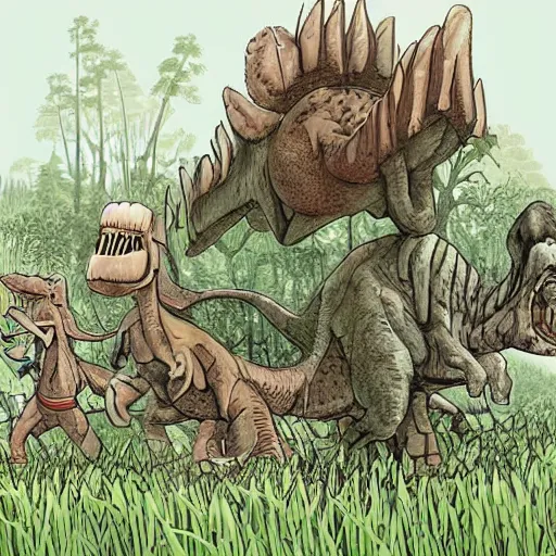 Image similar to Multiple dinosaur families walking through the ancient prehistoric terrain in the lush evergrowing overgrown humid brush detailed high quality cartoon drawing for a teenage horror movie.