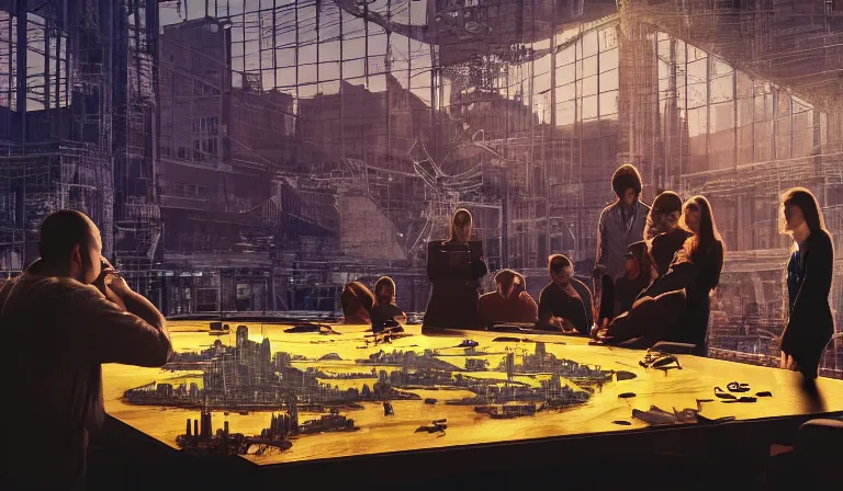 Image similar to group of people in simple warehouse, looking at hologram of futuristic city on a table, cinematic concept art, godrays, golden hour, natural sunlight, 4 k, clear details, tabletop model buildings, center model buildings, hologram center, crane shot, crane shot, crane shot