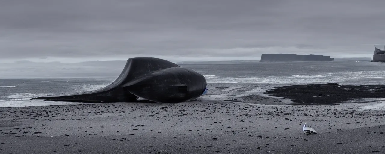 Image similar to cinematic shot of giant symmetrical futuristic military spacecraft in the middle of an endless black sand beach in iceland with icebergs in the distance,, 2 8 mm