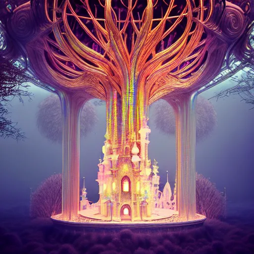 Image similar to iridescent opalescent living forest kingdom castle, warm tones, translucent, : by michal karcz, daniel merriam, victo ngai and guillermo del toro : ornate, dynamic, particulate, intricate, elegant, highly detailed, centered, artstation, smooth, sharp focus, octane render