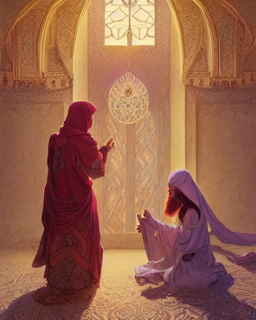 Image similar to bedouin in the desert worshipping in the mosque, highly detailed, gold filigree, romantic storybook fantasy, soft cinematic lighting, award, disney concept art watercolor illustration by mandy jurgens and alphonse mucha and alena aenami, pastel color palette, featured on artstation