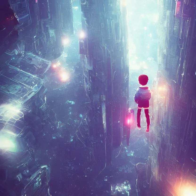 Image similar to An ultra-high resolution photograph of a kid in an elevator mid air, sci-fi, fututistic, by Yoshitaka Amano and Alena Aenami, Trending on Artstation, nvidia, matte painting, unreal enginqe