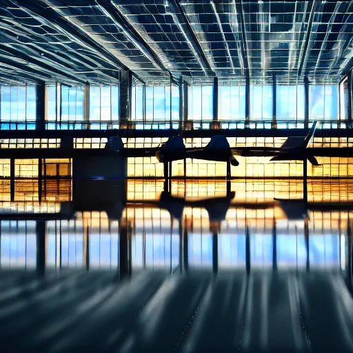 Prompt: photo of an airport, the floor is flooded with one meter deep water. eerie, volumetric lighting. highly - detailed 4 k