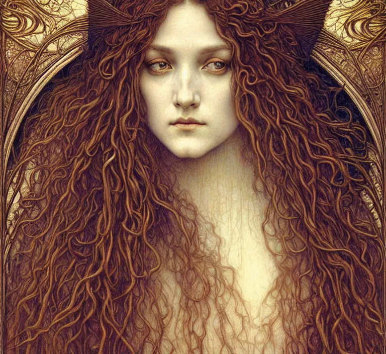 Image similar to detailed realistic beautiful young medieval queen face portrait by jean delville, gustave dore and marco mazzoni, art nouveau, symbolist, visionary, gothic, pre - raphaelite. horizontal symmetry