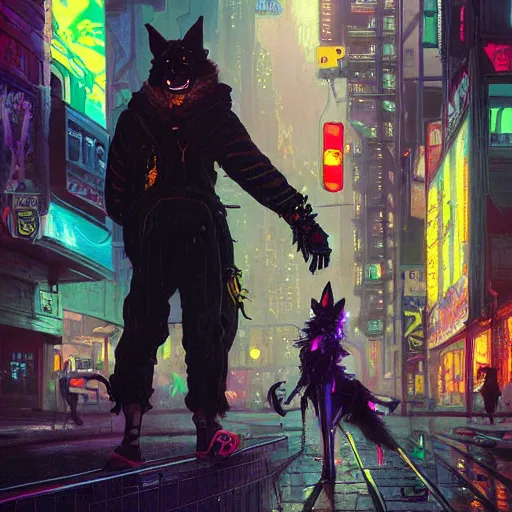 Prompt: anthropomorphic coyote character wearing black cyberpunk skater clothes with neon highlights in a cyberpunk city at night. Renowned character illustration by greg rutkowski, thomas kindkade, alphonse mucha, loish, norman rockwell. Trending on artstation 4k.