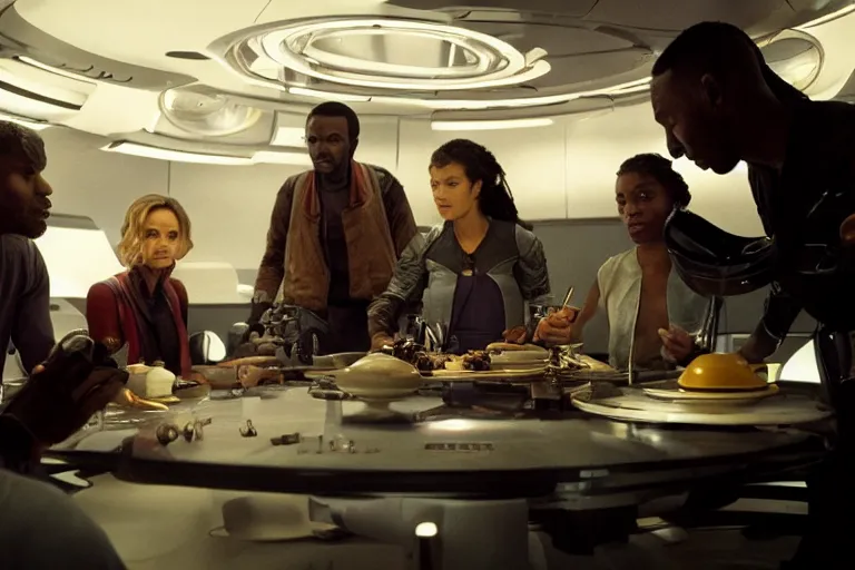 Prompt: movie closeup diverse interracial small team of European sci-fi futuristic space explorers talking at the table in a spaceship kitchen, beautiful skin, Symmetrical faces. Beautiful lighting by Emmanuel Lubezki