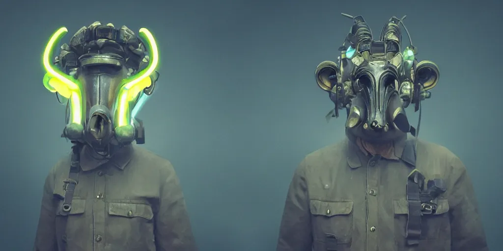 Image similar to a beautifully strange image of a gamekeeper wearing a dieselpunk mechanical fluorescent mystical animal mask. walking in the misty, dangerous river. in style of fornite game. award winning. dramatic. trending on artstation. high quality. rendered by beeple, by makoto shinkai, syd meade, digital art, unreal engine 5, fornite game. octane render