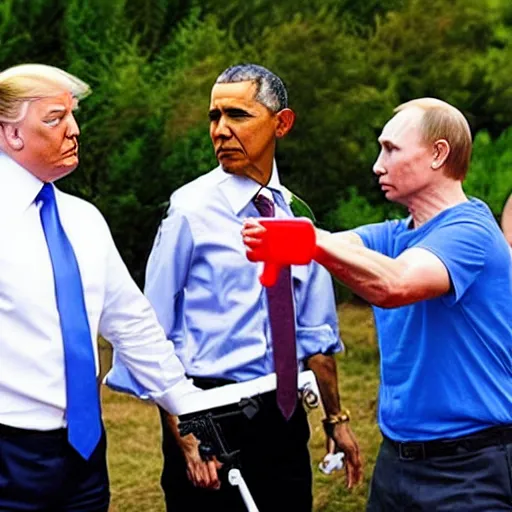 Prompt: photo of putin, trump and obama using water guns at each other