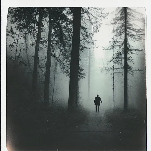 Image similar to old polaroid photo of a zombie walking in forest, mysterious, fog,