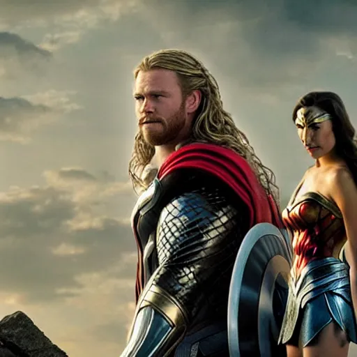 Prompt: thor and wonder woman love scene new marvel movie, cinematic still, romantic lighting