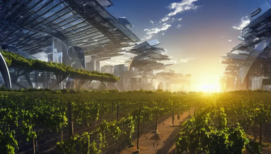 prompthunt: Sunrise over solarpunk city, vines, many trees and plants,  futuristic flying vehicles and drones, archdaily, architectural digest,  busy streets filled with people, sun rays, colorful blooming flowers,  vertical gardens, utopia, beautiful