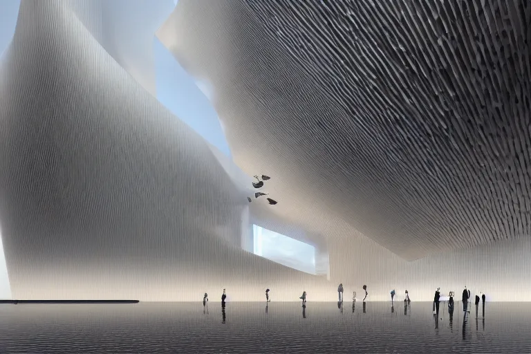 Image similar to the bjarke ingels group < skum > white building formed by the intersection of many white egg shaped spherical spaces, on the calm lake, people's perspective, future, interior wood, marble, award winning, highly detailed 4 k art, dusk, unreal engine highly rendered, global illumination, radial light, interior environment