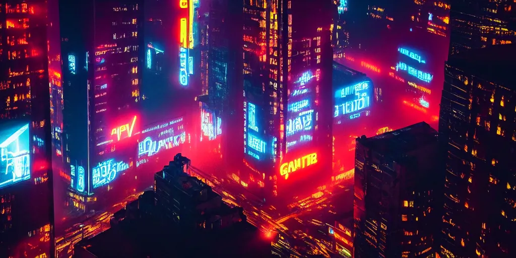 Prompt: giant illuminated billboards, megacity streets seen from above, neon signs, eerie fog, blade runner, ex machina